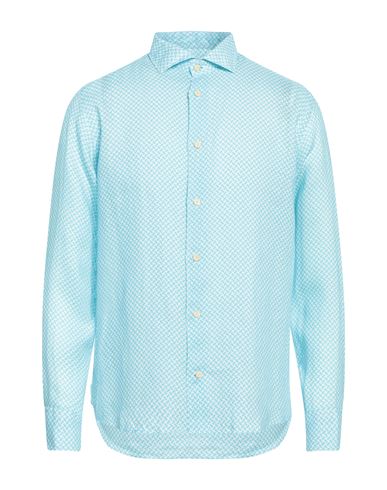 Shop Drumohr Man Shirt Turquoise Size Xxl Linen In Blue