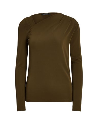 Lauren Ralph Lauren Pleated Stretch Jersey Top Woman T-shirt Military Green Size L Polyester, Elasta