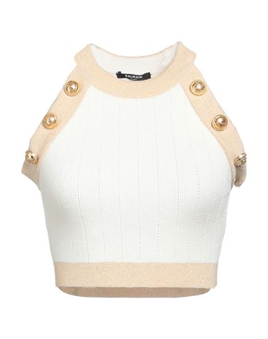 Balmain Woman Top Cream Size 8 Viscose, Polyester, Metallic Fiber In White