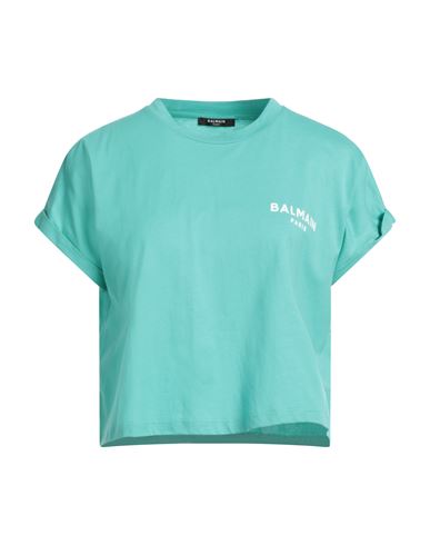 Shop Balmain Woman T-shirt Light Green Size M Cotton