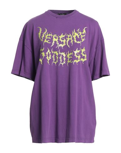 Versace Woman T-shirt Purple Size 8 Cotton, Elastane In Purple