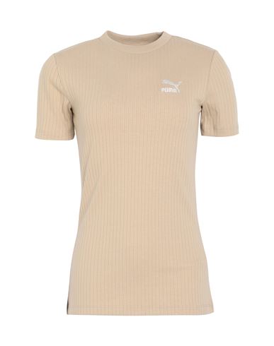Puma Classics Ribbed Slim Tee Woman T-shirt Beige Size M Polyester, Cotton, Elastane