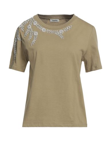 Sandro Woman T-shirt Khaki Size 4 Cotton, Brass, Glass In Beige