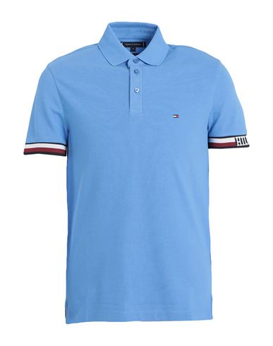 Tommy Hilfiger Man Polo Shirt Azure Size L Cotton, Viscose, Elastane In Blue