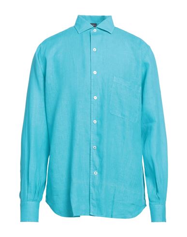 Fedeli Man Shirt Turquoise Size 17 Linen In Blue