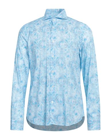 Fedeli Man Shirt Azure Size 17 Cotton, Elastane In Blue