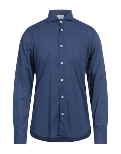 Fedeli Man Shirt Navy Blue Size 16 Cotton, Elastane