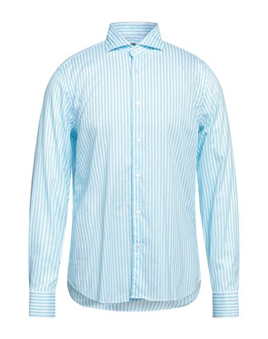 Fedeli Man Shirt Turquoise Size 16 Cotton, Elastane In Blue