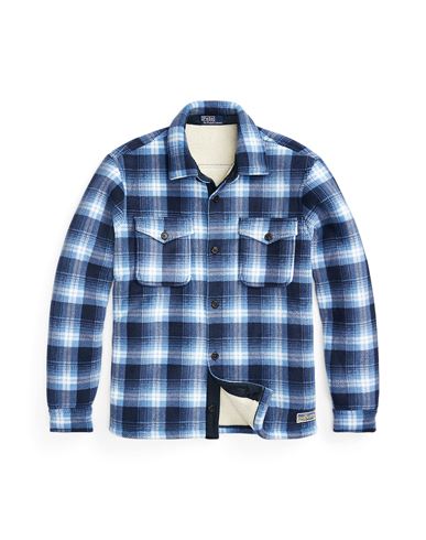 Shop Polo Ralph Lauren Plaid Fleece Overshirt Man Shirt Light Blue Size L Recycled Polyester