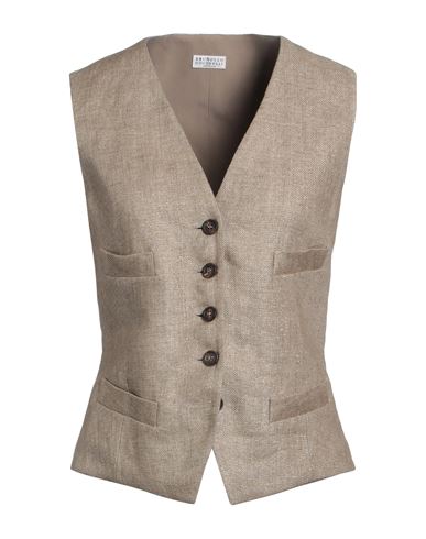 Shop Brunello Cucinelli Woman Tailored Vest Khaki Size 12 Linen, Polyamide, Metallic Fiber, Ecobrass In Beige