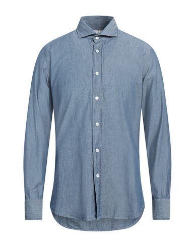 Shop Bagutta Man Denim Shirt Blue Size 17 ½ Cotton