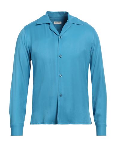 Shop Sandro Man Shirt Azure Size Xl Viscose In Blue