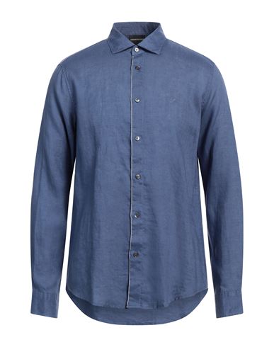 Shop Emporio Armani Man Shirt Slate Blue Size M Linen