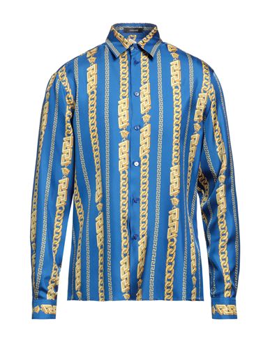 Shop Versace Man Shirt Azure Size 46 Silk In Blue