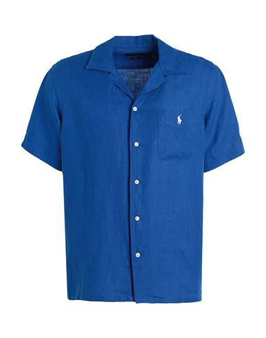 Shop Polo Ralph Lauren Classic Fit Linen Camp Shirt Man Shirt Bright Blue Size L Linen