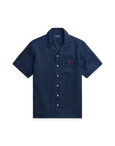 Shop Polo Ralph Lauren Classic Fit Linen Camp Shirt Man Shirt Navy Blue Size L Linen