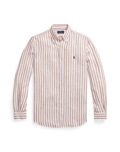 Shop Polo Ralph Lauren Custom Fit Striped Linen Shirt Man Shirt Light Brown Size L Linen In Beige