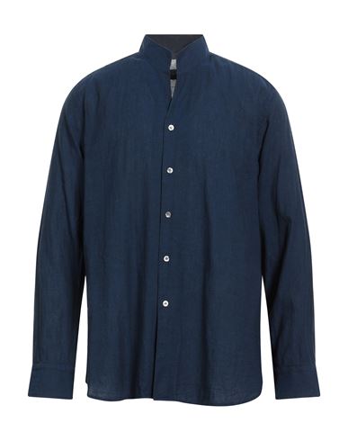 Shop Bagutta Man Shirt Navy Blue Size 17 ½ Linen, Cotton