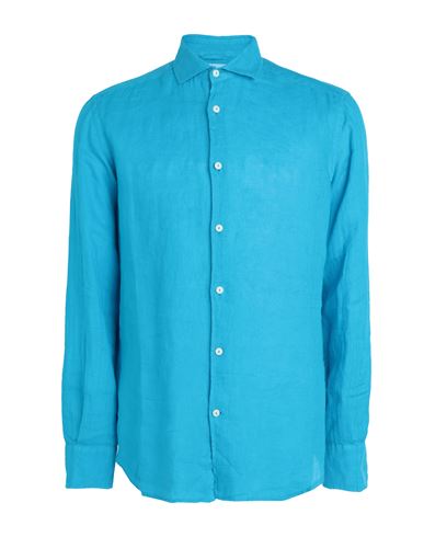 Shop Mc2 Saint Barth Pamplona Man Shirt Azure Size L Linen In Blue