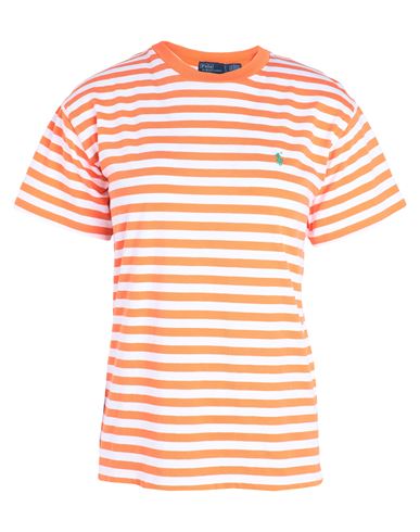Shop Polo Ralph Lauren Striped Organic Cotton Crewneck Tee Woman T-shirt Orange Size L Cotton