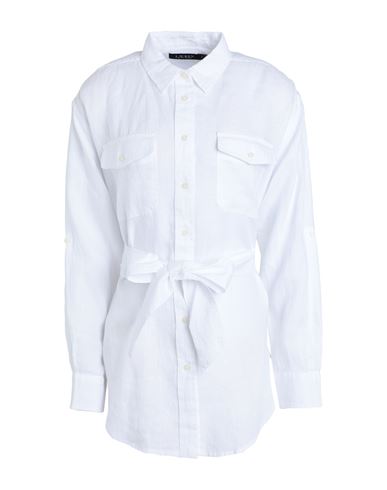 Shop Lauren Ralph Lauren Belted Linen Shirt Woman Shirt White Size Xl Linen
