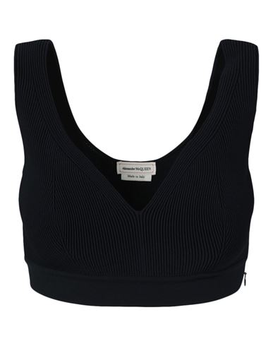 Alexander Mcqueen Ribbed Cropped Top Woman Top Blue Size M Rayon, Polyester