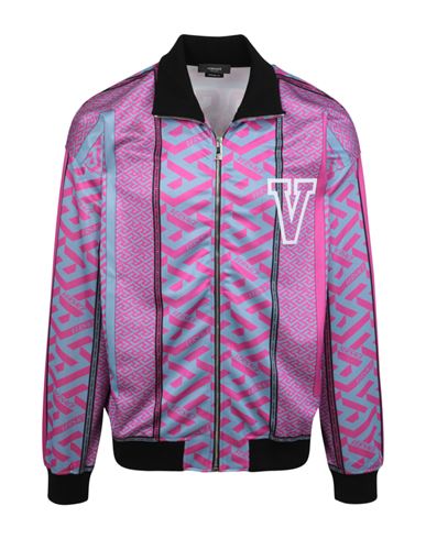 Shop Versace Greca Print Zip-up Sweatshirt Man Sweatshirt Multicolored Size Xl Polyester In Fantasy