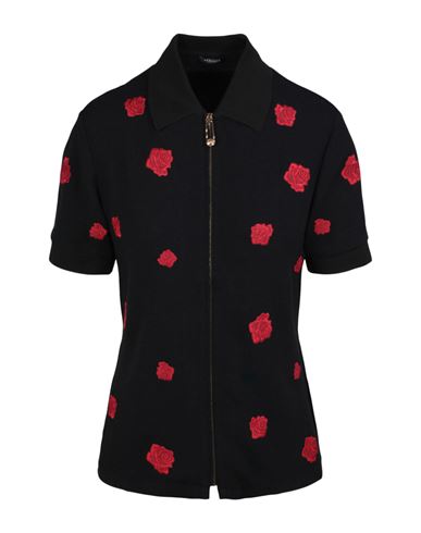 Shop Versace Zip Up Rose Embroidered Short Sleeve Shirt Woman Top Black Size 8 Viscose, Acetate