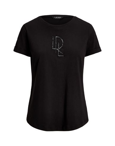 Ralph Lauren Lauren  Beaded-logo Cotton-blend-jersey Tee Woman T-shirt Black Size M Cotton, Modal In Black