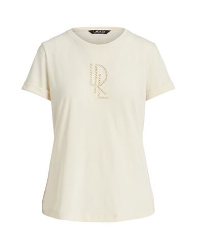 Ralph Lauren Lauren  Beaded-logo Cotton-blend-jersey Tee Woman T-shirt Beige Size L Cotton, Modal In Beige