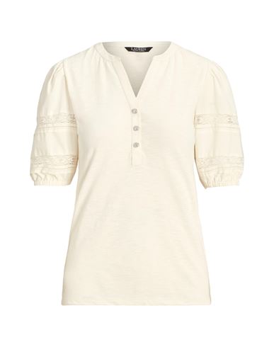 Shop Lauren Ralph Lauren Lace-trim Jersey Puff-sleeve Henley Tee Woman T-shirt Cream Size L Cotton In White
