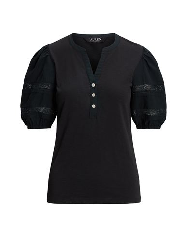 Ralph Lauren Lace-trim Jersey Puff-sleeve Henley Tee In Black