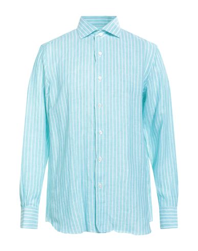 Shop Finamore 1925 Man Shirt Turquoise Size 17 ½ Linen In Blue