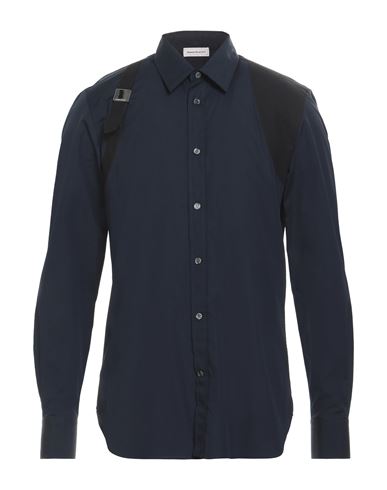 Shop Alexander Mcqueen Man Shirt Navy Blue Size 16 Cotton