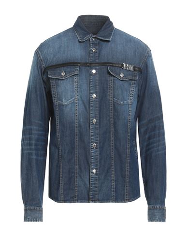 Dsquared2 Man Denim Shirt Blue Size 42 Cotton, Elastane, Ovine Leather In Black