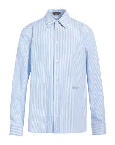 Shop Versace Man Shirt Azure Size 19 ¾ Cotton, Silk In Blue