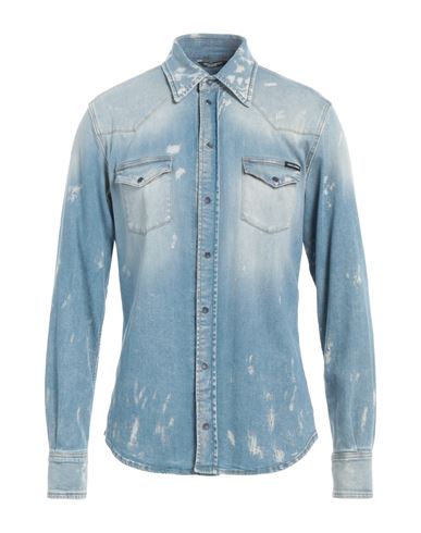 Dolce & Gabbana Man Denim Shirt Blue Size 15 ¾ Cotton, Elastane, Leather