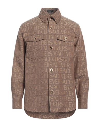 Versace Man Shirt Khaki Size 38 Polyester, Cotton In Brown