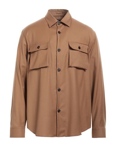 Manuel Ritz Man Shirt Camel Size 16 Virgin Wool, Elastane In Brown
