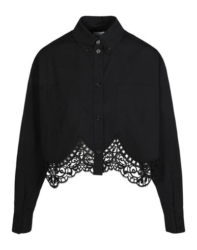 Shop Burberry Cropped Lace Hem Blouse Woman Shirt Black Size 6 Cotton