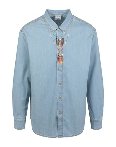 Shop Marcelo Burlon County Of Milan Marcelo Burlon Feather Necklace Denim Shirt Man Denim Shirt Blue Size Xl Cotton