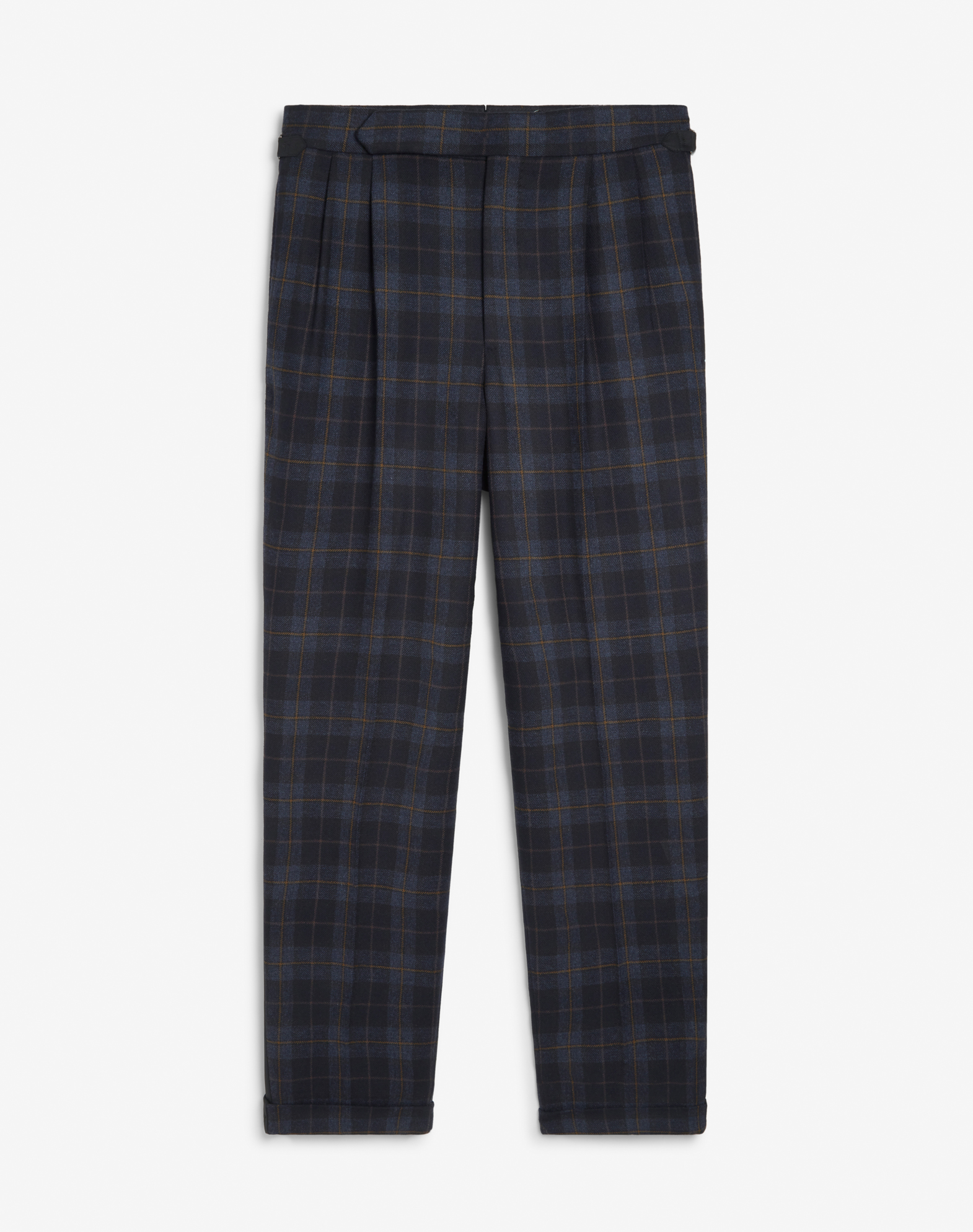 DUNHILL WOOL CASHMERE CHECK DOUBLE PLEATED EVENING TROUSERS