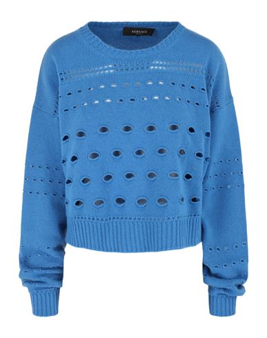 VERSACE VERSACE CASHMERE BLEND CUTOUT SWEATER WOMAN SWEATSHIRT BLUE SIZE 8 CASHMERE, WOOL 