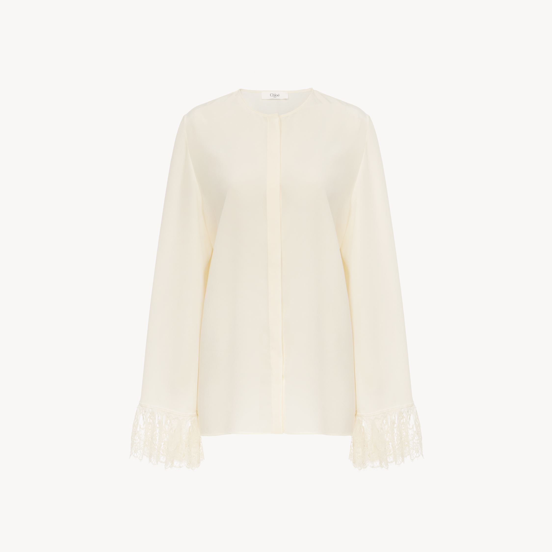 Chloé Blouse Sans Col Volantée En Crêpe De Chine Femme Blanc Taille 38 100% Soie, Pinctada Maxima, Farmed, In White