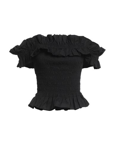 Ganni Off-the-shoulder Shirred Cotton-poplin Top In Black