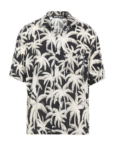 Palm Angels Black And White Short Sleeve Shirt With All-over Palm Print In Viscose In Black