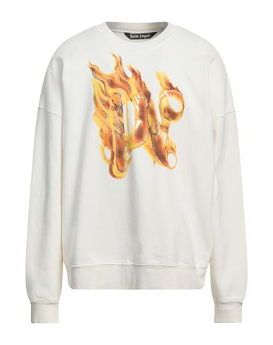 Palm Angels White Crewneck Sweatshirt With Burning Logo Print In Cotton Man In Off White