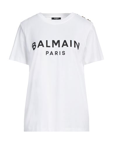 Balmain Women White Crewneck T-shirt With Logo Print And Golden Buttons In Jersey Woman In Gray