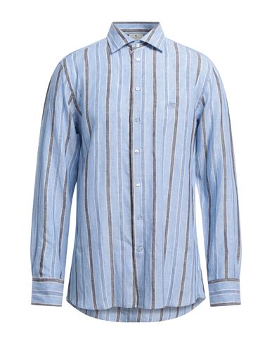 Etro Light Blue Linen Striped Shirt With Logo In Blue