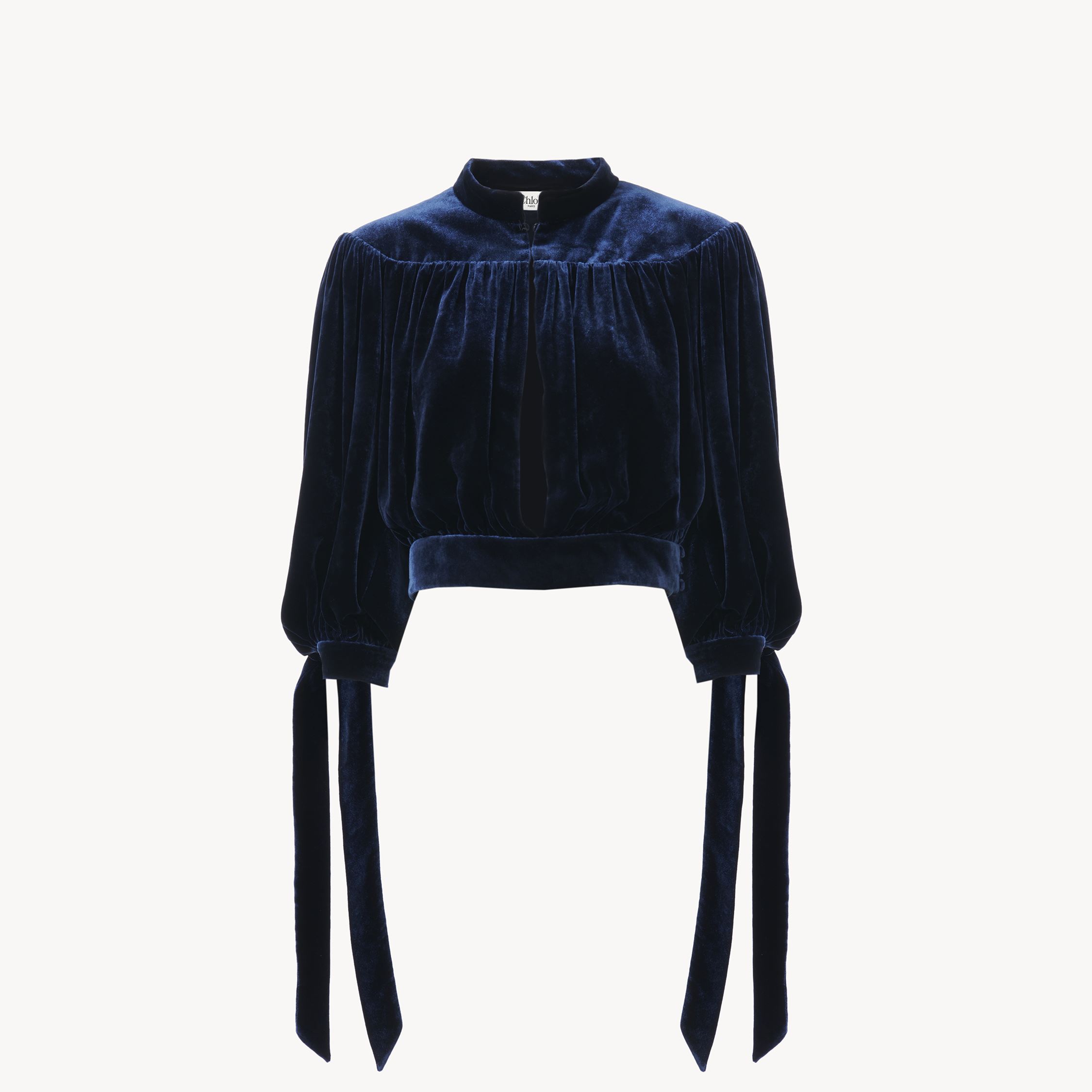 CHLOÉ GATHERED CROPPED TOP IN VELVET BLUE SIZE 12 80% VISCOSE, 20% SILK, PINCTADA MAXIMA, FARMED, COO AUST 